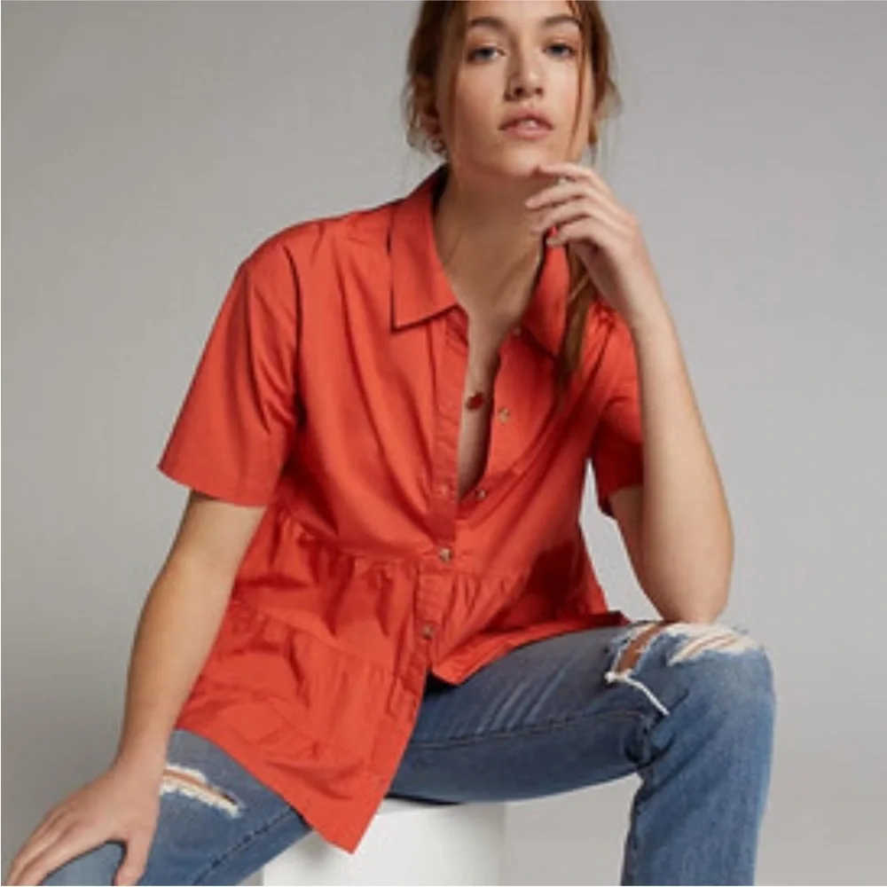 Anthropologie Porridge Orange Tiered Button Front Shirt - Picture 1 of 8